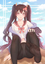 Rule 34 | 1girl, absurdres, ahoge, alternate costume, black pantyhose, bow, breasts, brown hair, cloud, collarbone, commentary request, congyu, crop top, day, eyelashes, feet, flower, flower-shaped pupils, genshin impact, hair between eyes, hair flower, hair ornament, hand on own knee, highres, hu tao (genshin impact), jacket, knees up, leg up, legs, long hair, looking at viewer, midriff peek, navel, no shoes, off shoulder, outdoors, panties, panties under pantyhose, pantyhose, red bow, see-through, shiny clothes, shiny legwear, shirt, signature, sitting, skin tight, sky, small breasts, smile, soles, solo, symbol-shaped pupils, thighband pantyhose, toes, twintails, underwear
