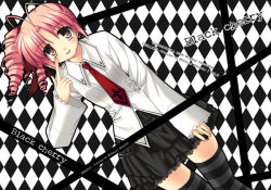 Rule 34 | 1girl, brown eyes, checkered background, formal, izumi makoto, necktie, original, pink hair, ringlets, skirt, solo, striped clothes, striped thighhighs, thighhighs