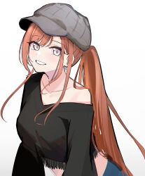 Rule 34 | 1girl, absurdres, arisugawa natsuha, bare shoulders, black shirt, blush, brown hair, cabbie hat, collarbone, commentary, grey eyes, grey hat, hat, highres, idolmaster, idolmaster shiny colors, long hair, long sleeves, looking at viewer, midriff, ponytail, shirt, simple background, smile, solo, suyaya oyasumi, upper body, white background