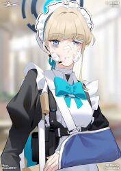 Rule 34 | 1girl, apron, aqua bow, aqua bowtie, arm sling, bandaged neck, bandages, bandaid, bandaid on face, black dress, blonde hair, blue archive, blurry, blurry background, bow, bowtie, bun cover, cast, chest harness, crutch, dated, dress, halo, harness, headset, highres, injury, juliet sleeves, long sleeves, looking at viewer, maid, maid headdress, pinafore dress, puffy sleeves, rshow, signature, sleeveless dress, solo, toki (blue archive), upper body, white apron