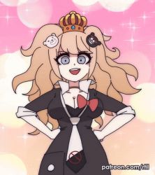 Rule 34 | 1girl, animated, animated gif, bear hair ornament, black bra, black jacket, blue eyes, boots, bow, bra, bra peek, breasts, cleavage, collarbone, danganronpa: trigger happy havoc, danganronpa (series), enoshima junko, grin, hair ornament, jacket, knee boots, large breasts, leaning forward, long hair, nail polish, necktie, red bow, red nails, red skirt, rtil, silver hair, skirt, sleeves rolled up, smile, solo, standing, twintails, underwear, very long hair