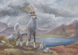 Rule 34 | acrylic paint (medium), cloud, cloudy sky, creatures (company), day, full body, game freak, grass, mixed-language commentary, mountain, nintendo, no humans, outdoors, painting (medium), pokemon, pokemon (creature), sky, solo, standing, traditional media, typthis, water, wyrdeer
