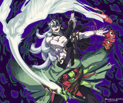 Rule 34 | 1boy, abs, alternate hairstyle, ashiya douman (fate), ashiya douman (second ascension) (fate), asymmetrical hair, biceps, black eyes, black hair, black nails, curly hair, earrings, eyeshadow, fangs, fate/grand order, fate (series), fighting stance, fingernails, green eyeshadow, green lips, hair between eyes, highres, incoming attack, jewelry, lipstick, long hair, magatama, magatama earrings, makeup, male focus, multicolored hair, muscular, muscular male, nail polish, official alternate costume, onmyouji, sharp fingernails, shikigami, single bare shoulder, solo, split-color hair, t (ttkxxx), two-tone hair, veins, very long fingernails, very long hair, white hair
