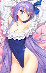 Rule 34 | 1girl, armpits, arms up, bare shoulders, blue bow, blue eyes, blue one-piece swimsuit, blush, bow, breasts, collarbone, covered navel, dakimakura (medium), fate/grand order, fate (series), frills, knee up, long hair, looking at viewer, meltryllis, meltryllis (fate), meltryllis (swimsuit lancer) (fate), off-shoulder one-piece swimsuit, off shoulder, one-piece swimsuit, parted lips, puffy sleeves, purple hair, shadowgrave, sleeves past wrists, small breasts, solo, swimsuit, thighs, very long hair