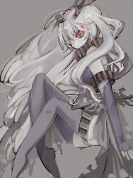 Rule 34 | 10s, 1girl, abyssal ship, anchorage oni, armlet, bags under eyes, bare shoulders, black dress, black gloves, black thighhighs, colored skin, dress, elbow gloves, fingerless gloves, gloves, hair ornament, hair over one eye, kantai collection, long hair, overskirt, red eyes, sleeveless, sleeveless dress, slit pupils, solo, thighhighs, torn clothes, tsumugi touto, very long hair, white hair, white skin, wide-eyed, zettai ryouiki