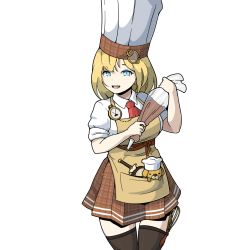 Rule 34 | 1girl, :d, apron, black thighhighs, blonde hair, blue eyes, brown skirt, bubba (watson amelia), chef, chef hat, detective, dog, hair between eyes, hair ornament, hat, highres, holding, hololive, hololive english, looking at viewer, magnifying glass, morningpanda, necktie, open mouth, pastry bag, pocket watch, polo shirt, red necktie, shirt, short hair, skirt, sleeves rolled up, smile, solo, teeth, thighhighs, virtual youtuber, watch, watson amelia, white shirt