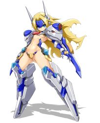 Rule 34 | 1girl, :&lt;, blazblue, blonde hair, blue eyes, breasts, crotch plate, elbow gloves, forehead protector, full body, gloves, gluteal fold, headgear, highres, karukan (monjya), long hair, looking at viewer, mecha musume, mu-12, navel, revealing clothes, sidelocks, small breasts, solo, tsurime, underboob, white background