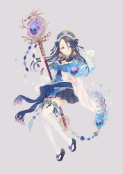 Rule 34 | 1girl, blue eyes, blue hair, bow, closed mouth, earrings, full body, fur trim, hair ribbon, holding, holding staff, japanese clothes, jewelry, kaguya (sinoalice), kimono, long hair, looking at viewer, off shoulder, parted bangs, pleated skirt, ribbon, ringo (pixiv27995436), sandals, sinoalice, skirt, skull, smile, solo, staff, thighhighs, white thighhighs, zettai ryouiki