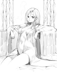 Rule 34 | 1girl, breasts, closed mouth, collarbone, frown, greyscale, hair between eyes, highres, kkaebing, long hair, long sleeves, medium breasts, mole, mole under mouth, monochrome, navel, no nose, onsen, open clothes, original, sitting, solo, steam, wide sleeves