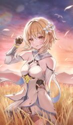 Rule 34 | 1girl, arin7020, blonde hair, breasts, cleavage, dress, genshin impact, highres, long hair, lumine (genshin impact), open mouth, outdoors, smile, solo, sunlight, yellow eyes