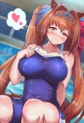 Rule 34 | absurdres, animal ears, bare shoulders, blue one-piece swimsuit, blurry, blurry background, blush, bow, breasts, collarbone, commentary, covered navel, daiwa scarlet (umamusume), frown, hair between eyes, hair bow, hair intakes, hair ornament, heart, highres, horse ears, horse girl, horse tail, indoors, large breasts, long hair, one-piece swimsuit, pool, red bow, red eyes, red hair, sitting, sorano kamome, spoken heart, swimsuit, tail, tiara, tracen swimsuit, twintails, umamusume, very long hair