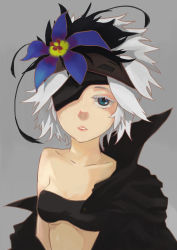 Rule 34 | 10s, 1girl, absurdres, blue eyes, breasts, cape, eyepatch, flamie speeddraw, flower, grey background, hair flower, hair ornament, hairband, highres, looking at viewer, midriff, off shoulder, rokka no yuusha, short hair, simple background, small breasts, solo, white hair, zihwa (g50289)