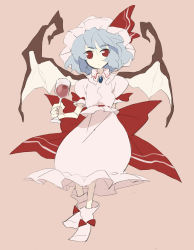 Rule 34 | 1girl, bad id, bad pixiv id, bat wings, blue hair, cup, dress, drinking glass, female focus, highres, maronii, red eyes, remilia scarlet, simple background, solo, standing, touhou, wine glass, wings