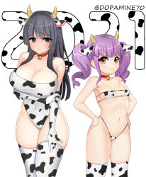 Rule 34 | 2021, 2girls, animal ears, animal print, arm under breasts, artist name, bang dream!, bare shoulders, bell, bikini, black hair, blush, breasts, cameltoe, cleavage, cleft of venus, collar, collarbone, commentary request, covered navel, cow ears, cow girl, cow horns, cow print, cow print bikini, cowboy shot, dopamine70, elbow gloves, eyepatch bikini, gloves, groin, hands on own hips, highleg, highleg bikini, highres, horns, large breasts, leotard, long hair, looking at viewer, multiple girls, navel, neck bell, print bikini, purple hair, red eyes, shirokane rinko, skindentation, small breasts, smile, stomach, swimsuit, thighhighs, udagawa ako