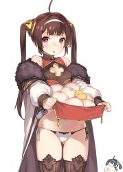 Rule 34 | 2girls, 92m, ahoge, azur lane, baozi, blush, breasts, brown eyes, brown hair, chibi, china dress, chinese clothes, cleavage, cleavage cutout, clothes lift, clothing cutout, dress, dumpling, food, fur-trimmed jacket, fur trim, gluteal fold, hairband, hairpods, highres, jacket, long hair, long sleeves, looking at viewer, manjuu (azur lane), multiple girls, ning hai (azur lane), open mouth, panties, pelvic curtain, pelvic curtain lift, ping hai (azur lane), red dress, simple background, small breasts, thighhighs, underwear, white hairband