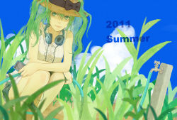 Rule 34 | 1girl, bad id, bad pixiv id, bare shoulders, faucet, green eyes, green hair, hat, hatsune miku, headphones, headphones around neck, highres, hose, matching hair/eyes, mgg (x arte), shorts, solo, squatting, summer, vocaloid, water