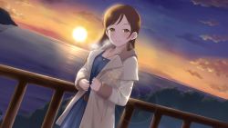 Rule 34 | 10s, 1girl, beach, blush, breath, brown eyes, brown hair, coat, dutch angle, highres, idolmaster, idolmaster cinderella girls, idolmaster cinderella girls starlight stage, jewelry, jpeg artifacts, light smile, long hair, looking at viewer, nitta minami, ocean, official art, pendant, railing, sky, smile, solo, sun, winter, winter clothes
