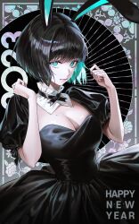 Rule 34 | 1girl, 2023, absurdres, animal ears, aqua eyes, aqua hair, black dress, black hair, breasts, choppy bangs, cleavage, collar, cropped legs, detached collar, dress, frilled collar, frills, happy new year, highres, holding, holding own hair, large breasts, looking at viewer, mole, mole on breast, multicolored hair, new year, on (onon2659), original, puffy sleeves, rabbit ears, short hair