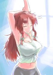Rule 34 | 1girl, alternate costume, armpits, arms up, bow, braid, breasts, camisole, cleavage, closed eyes, female focus, groin, hair bow, hong meiling, large breasts, long hair, messy hair, midriff, navel, no headwear, no headwear, red hair, shirt, sinzan, solo, stretching, taut clothes, taut shirt, touhou, twin braids