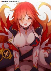 Rule 34 | 1boy, 1girl, asymmetrical clothes, bikini, bikini pull, black bikini, black choker, black gloves, blush, breasts, choker, cleavage, clothes pull, collarbone, commentary request, cowgirl position, elesis (elsword), elsword, eyes visible through hair, fangs, fingerless gloves, flame lord (elsword), girl on top, gloves, gradient hair, hair over one eye, hetero, large breasts, long hair, looking at viewer, mixed-language commentary, multicolored hair, navel, nipples, one breast out, open clothes, open mouth, orange hair, penis, pov, pussy, red eyes, red hair, sex, simple background, solo focus, spread legs, straddling, sweat, swimsuit, tattoo, thigh grab, uncensored, unzipped, vaginal, very long hair, waero, watermark, web address, white background, zipper