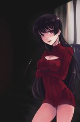 Rule 34 | 1girl, bad id, bad pixiv id, bare legs, black hair, boa (brianoa), breast hold, breasts, cleavage, cleavage cutout, clothing cutout, crossed arms, curtains, highres, hime cut, kanoe yuuko, long hair, looking at viewer, medium breasts, meme attire, open-chest sweater, parted lips, red eyes, red shirt, ribbed sweater, shirt, solo, sweater, tasogare otome x amnesia, very long hair, window