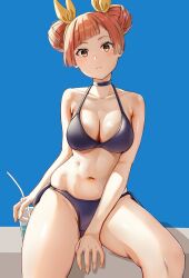 1girl between_legs bikini black_bikini black_choker blue_background breasts brown_eyes choker cup diagonal_bangs disposable_cup double_bun drinking_straw hair_bun hair_ribbon halterneck hand_between_legs highres large_breasts laufen_(sousou_no_frieren) looking_at_viewer navel orange_hair ribbon short_hair sitting solo sousou_no_frieren swimsuit yami_anko yellow_ribbon