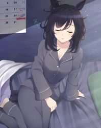Rule 34 | 1girl, animal ears, bed, black hair, blush, breasts, calendar (object), cleavage, collarbone, commentary request, eishin flash (umamusume), closed eyes, horse ears, horse girl, horse tail, hoshino ouka, looking at viewer, medium breasts, medium hair, pajamas, sitting, sleeping, smile, solo, tail, umamusume