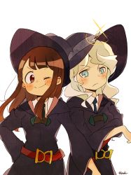 Rule 34 | 2girls, absurdres, blue eyes, blush, brown hair, commentary request, cowboy shot, diana cavendish, frown, hat, highres, kagari atsuko, light green hair, little witch academia, looking at viewer, luna nova school uniform, multiple girls, one eye closed, red eyes, satuki05maguro, school uniform, simple background, smile, v-shaped eyebrows, white background, wide sleeves, witch, witch hat