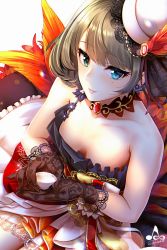 Rule 34 | 1girl, armpit crease, bare shoulders, black gloves, blue eyes, blush, breasts, brown hair, choker, cleavage, collarbone, cup, dress, feathers, frilled pillow, frills, gem, glint, gloves, gold trim, green eyes, hat, heterochromia, highres, holding, holding cup, idolmaster, idolmaster cinderella girls, infinote, jewelry, lace, lace-trimmed dress, lace-trimmed hat, lace gloves, lace trim, layered dress, looking at viewer, medium breasts, mole, mole under eye, multicolored clothes, multicolored dress, parted lips, pillow, pink lips, red gemstone, short hair, signature, single strap, sitting, smile, solo, takagaki kaede