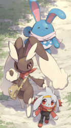 Rule 34 | :3, animal ears, animal focus, azumarill, bag, bandana, brown bag, closed eyes, closed mouth, commentary request, creatures (company), day, dirt, full body, game freak, gen 2 pokemon, gen 4 pokemon, gen 8 pokemon, grass, highres, looking at another, lopunny, makoto ikemu, nintendo, no humans, one eye closed, open mouth, outdoors, pokemon, pokemon (creature), rabbit, rabbit ears, raboot, red bandana, red eyes, shadow, shoulder bag, smile, standing, teeth, upper teeth only
