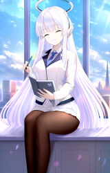 Rule 34 | 1girl, blue archive, blue necktie, blue sky, blunt bangs, breasts, brown pantyhose, closed eyes, closed mouth, cloud, cloudy sky, collared shirt, commentary, day, facing viewer, feet out of frame, formal, halo, headphones, highres, holding, holding notebook, holding pen, indoors, jacket, long hair, long sleeves, looking at viewer, mechanical halo, medium breasts, necktie, noa (blue archive), notebook, pantyhose, pen, pleated skirt, shirt, sidelocks, sitting, skirt, sky, smile, solo, suit, tina (tinafya), very long hair, white hair, white jacket, white shirt, white skirt, white suit, window