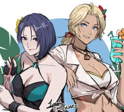 Rule 34 | 2girls, alternate costume, artist name, bare shoulders, bikini, black vs white, blonde hair, blue eyes, blue hair, breasts, catherine (fire emblem), cleavage, cm lynarc, commentary request, crop top, cup, dark-skinned female, dark skin, drinking glass, drinking straw, female focus, fire emblem, fire emblem: three houses, fire emblem heroes, highres, holding, holding cup, large breasts, looking at viewer, medium breasts, midriff, multiple girls, navel, nintendo, official alternate costume, purple eyes, shamir nevrand, shirt, short hair, signature, sketch, stomach, swimsuit, tied shirt, upper body, white bikini, white shirt