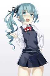 Rule 34 | 1girl, alternate eye color, alternate hair color, belt, black ribbon, blue eyes, blue hair, commentary request, cowboy shot, dress, hand on own hip, kantai collection, kasumi (kancolle), kasumi kai ni (kancolle), long hair, long sleeves, looking at viewer, open mouth, pinafore dress, pooor (stillul711), red ribbon, ribbon, shirt, side ponytail, simple background, sleeveless, sleeveless dress, solo, white background, white shirt