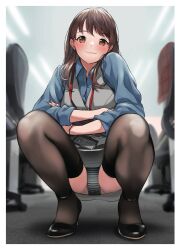 Rule 34 | 1girl, blue shirt, blush, brown hair, carpet, ceiling, ceiling light, chair, closed mouth, crossed arms, desk, doushimasho, floor, fluorescent lamp, grey vest, high heels, highres, id card, indoors, lanyard, long hair, long sleeves, mole, mole on thigh, nail polish, office, office chair, office lady, orange eyes, original, panties, pantyshot, pencil skirt, pink nails, shirt, skirt, smile, squatting, strappy heels, striped clothes, striped panties, swivel chair, thighhighs, thighs, underwear, vest, zettai ryouiki