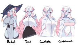 Rule 34 | 1girl, black skirt, blue skin, breasts, cleavage, colored skin, curtain call challenge (meme), dress, english text, fins, glasses, gradient hair, grey dress, hand up, hands up, hat, head fins, highres, large breasts, meme, monster girl, multicolored hair, multiple views, myuwa, original, pencil skirt, pink hair, pointy ears, see-through silhouette, shirt, shirt tucked in, side slit, simple background, skirt, sleeveless, sleeveless dress, sleeveless shirt, sleeves past wrists, tented shirt, white background, white hair, witch hat