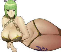 Rule 34 | 1girl, absurdres, arm under breasts, bare arms, bare shoulders, bikini, blunt bangs, bob cut, brandish mew, breasts, brown hair, chain, cleavage, collar, collarbone, commentary, crop top, cropped legs, cross, cross earrings, cross hair ornament, doublehero, earrings, fairy tail, green eyes, green hair, hair ornament, half-closed eyes, hands on own chest, highres, jewelry, large breasts, legs, looking at viewer, lying, navel, o-ring, o-ring bikini, on side, parted lips, short hair, simple background, solo, standing, swimsuit, thick thighs, thighs