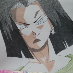 Rule 34 | 1boy, android 17, black hair, cel shading, dragon ball, dragonball z, earrings, flat color, forehead, green eyes, highres, jewelry, looking at viewer, male focus, malphier, medium hair, portrait, practice, smirk, solo, toriyama akira (style), traditional media, upper body