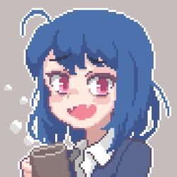 Rule 34 | 1girl, ahoge, bags under eyes, blue hair, coffee mug, commentary, cup, english commentary, fang, furrowed brow, grey background, hcnone, holding, holding cup, looking at viewer, mug, open mouth, original, pixel art, red eyes, simple background, skin fang, skye (hcnone), solo, upper body
