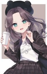 Rule 34 | 1girl, absurdres, animal ear headwear, animal ears, beret, black hat, blue eyes, blush, bracelet, brown coat, brown hair, brown nails, brown skirt, coat, cup, earrings, fake animal ears, hat, highres, holding, holding cup, hololive, jewelry, long hair, looking at viewer, multicolored nails, nail polish, natsuiro matsuri, natsuiro matsuri (street casual), necklace, official alternate costume, open mouth, plaid, plaid coat, plaid skirt, shirt, skirt, smile, solo, virtual youtuber, white nails, white shirt, yuuyu (moco20111115)