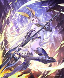 Rule 34 | 1girl, animal ears, armor, ass, breasts, rabbit ears, character request, commentary request, fantasy, flat ass, full body, gauntlets, greaves, highres, hisakata souji, holding, holding weapon, horns, leotard, long hair, luxhorn sarissa, open mouth, polearm, purple eyes, shingeki no bahamut, silver hair, single horn, small breasts, solo, thighhighs, very long hair, weapon