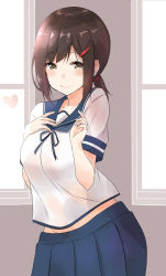 Rule 34 | 1girl, absurdres, alternate breast size, blush, breasts, brown eyes, brown hair, commentary request, fubuki (kancolle), hair ornament, hairclip, heart, highres, kantai collection, large breasts, long hair, looking at viewer, midriff peek, ponytail, saku (kudrove), school uniform, serafuku, skirt, smile, solo