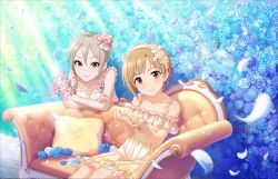 Rule 34 | 10s, 2girls, aiba yumi, artist request, blonde hair, blue flower, blue rose, bracelet, couch, crossed arms, dress, flower, idolmaster, idolmaster cinderella girls, idolmaster cinderella girls starlight stage, jewelry, looking at viewer, multiple girls, official art, parted bangs, petals, rose, shiomi syuko, short hair, sitting, smile, wind