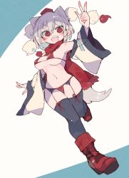 Rule 34 | 1girl, animal ears, arm up, bikini, black thighhighs, blue background, blush, boots, breasts, bright pupils, commentary request, commission, detached sleeves, dutch angle, ears visible through hair, fang, fringe trim, full body, garter straps, grey hair, grey tail, hands up, hat, inubashiri momiji, looking at viewer, massakasama, medium breasts, medium hair, micro bikini, navel, open mouth, outstretched arms, pom pom (clothes), red bikini, red eyes, red footwear, red hat, red ribbon, red scarf, ribbon, running, scarf, see-through, see-through sleeves, skeb commission, smile, solo, spread arms, swimsuit, tail, teeth, thighhighs, tokin hat, touhou, upper teeth only, w, white background, white pupils, white sleeves, wide sleeves, wolf ears, wolf tail
