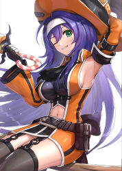 Rule 34 | 1girl, black gloves, breasts, clothing cutout, detached sleeves, fingerless gloves, fire emblem, fire emblem: path of radiance, fire emblem heroes, garter straps, gloves, gonzarez, green eyes, hair between eyes, hat, highres, long hair, medium breasts, mia (fire emblem), midriff peek, navel, navel cutout, nintendo, official alternate costume, one eye closed, purple hair, simple background, solo, thighhighs, very long hair, white background, witch hat