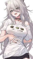 Rule 34 | 1girl, animal ears, arm behind back, bare shoulders, black choker, black nails, breasts, choker, clothes writing, collarbone, fang, fingernails, grey eyes, grey hair, guchico, hair between eyes, highres, hololive, jewelry, large breasts, lion ears, lion girl, lion tail, long hair, looking at viewer, nail polish, necklace, off-shoulder shirt, off shoulder, shirt, shishiro botan, shishiro botan (casual), simple background, sketch, solo, tail, teeth, upper teeth only, virtual youtuber, white background, white shirt