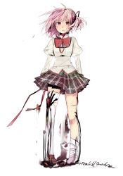 Rule 34 | 10s, 1girl, alternate hairstyle, asymmetrical hair, bad id, bad pixiv id, bow, bowtie, character name, flower, full body, hair down, hair ornament, hair ribbon, hand on another&#039;s thigh, hand on thigh, holding, kaname madoka, kriemhild gretchen, ktro, loafers, long sleeves, loose thighhigh, mahou shoujo madoka magica, mahou shoujo madoka magica (anime), miniskirt, pigeon-toed, pink eyes, pink hair, plaid, plaid skirt, pleated skirt, puffy sleeves, ribbon, school uniform, scratches, shoes, short hair, side ponytail, simple background, single shoe, skirt, solo, spoilers, standing, thighhighs, torn clothes, torn thighhighs, uniform, white background, white thighhighs, wind, zettai ryouiki