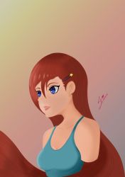 Rule 34 | 1girl, absurdres, aqua tank top, bad id, bad twitter id, bare shoulders, blue eyes, breasts, brown hair, cleavage, cropped arms, freckles, hair ornament, highres, laceysx, long hair, md5 mismatch, medium breasts, no lineart, original, red hair, resized, self-upload, signature, solo, tank top, upper body, upscaled, very long hair