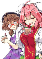 Rule 34 | 2girls, bandages, bandaged arm, bandages, bolo tie, brown eyes, brown hair, bubble tea, bubble tea challenge, bun cover, commentary, cup, double bun, drink, drinking straw, closed eyes, flower, glasses, hat, highres, holding, holding cup, ibaraki kasen, keyaki chimaki, low twintails, multiple girls, object on breast, open mouth, pink flower, pink hair, pink rose, plaid, plaid skirt, plaid vest, pleated skirt, red-framed eyewear, rose, semi-rimless eyewear, shirt, short sleeves, simple background, skirt, sweatdrop, tabard, touhou, twintails, under-rim eyewear, usami sumireko, vest, white background, white shirt