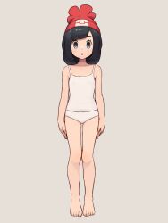 Rule 34 | 1girl, :o, arms at sides, asymmetrical bangs, bare legs, barefoot, beanie, black hair, blue eyes, chiwino, commentary request, commission, creatures (company), eyelashes, female focus, full body, game freak, grey background, hat, highres, knees, looking at viewer, medium hair, mind control, nintendo, panties, parted lips, pixiv commission, pokemon, pokemon sm, red hat, selene (pokemon), shirt, simple background, sleeveless, sleeveless shirt, solo, standing, tank top, toes, underwear, underwear only, white panties, white shirt