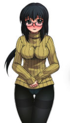 Rule 34 | 1girl, aiba-tsukiko, black hair, black pantyhose, blush, crotch seam, curvy, full-face blush, glasses, hand on own stomach, impossible clothes, impossible sweater, long hair, looking at viewer, panties, panties under pantyhose, pantyhose, ribbed sweater, shirt, solo, sweater, thigh gap, thighband pantyhose, thighs, underwear, wide hips